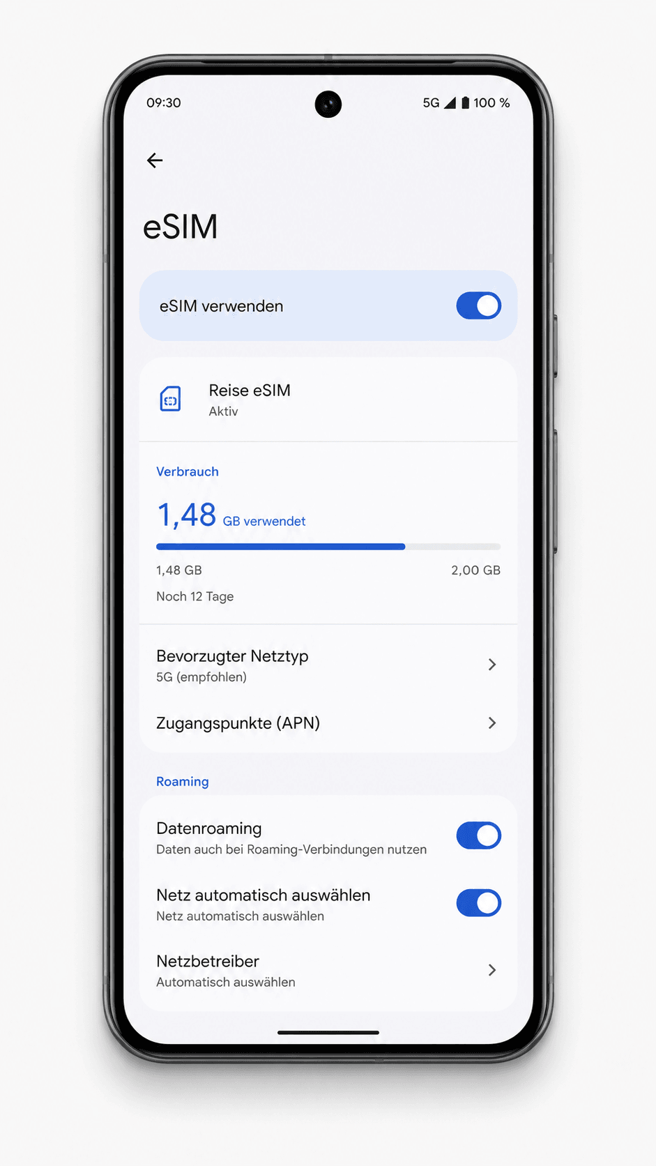 Android-Einstellungen für eine aktivierte Reise-eSIM