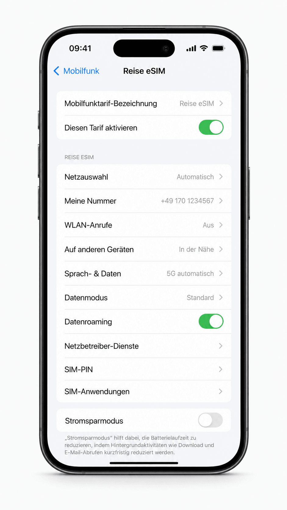 iPhone-Einstellungen für eine aktivierte Reise-eSIM