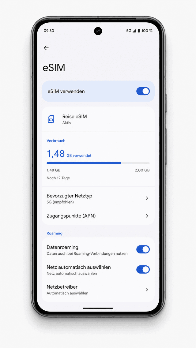 Android mockup showing an enabled travel eSIM and data roaming