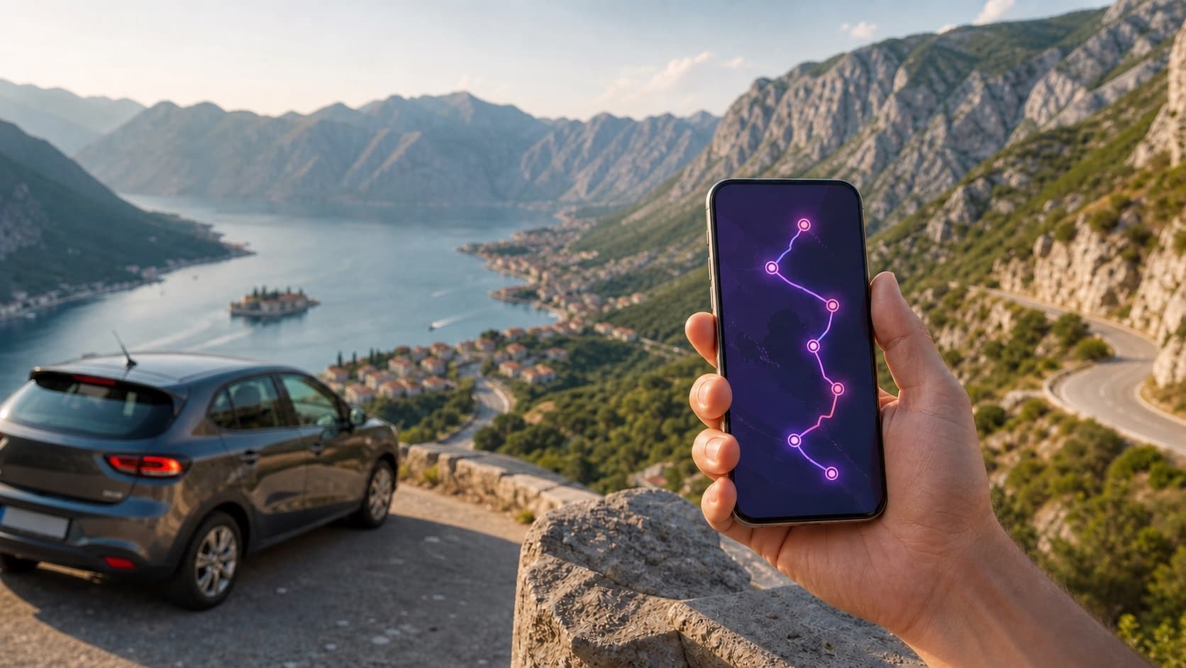 Smartphone mit leuchtender Reiseroute vor einer Küstenstraße im Westbalkan