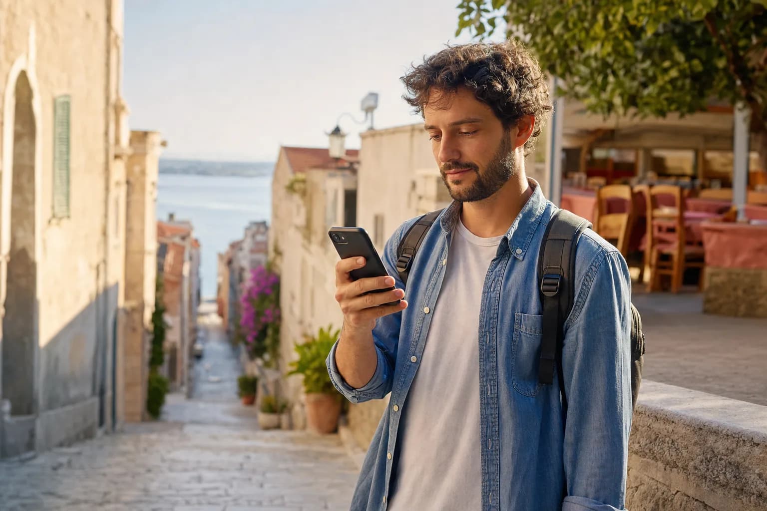 Traveller using a smartphone for navigation and communication in Spojené arabské emiráty
