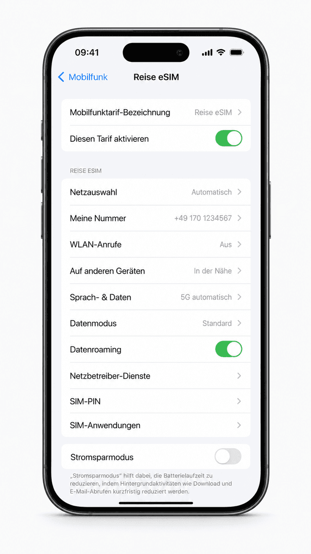 iPhone mockup showing an enabled travel eSIM and data roaming
